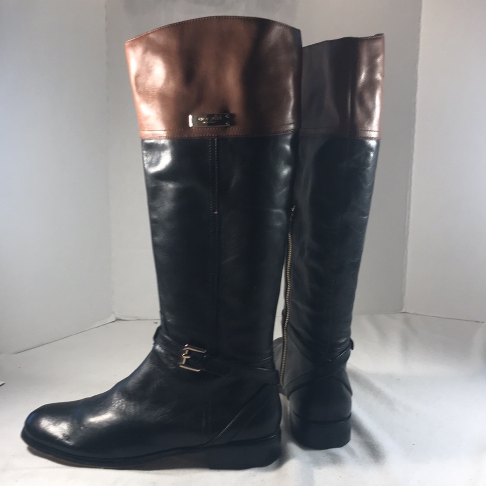 Coach Micha Black and Brown Leather Knee-High Women's Side Zip Riding Boots